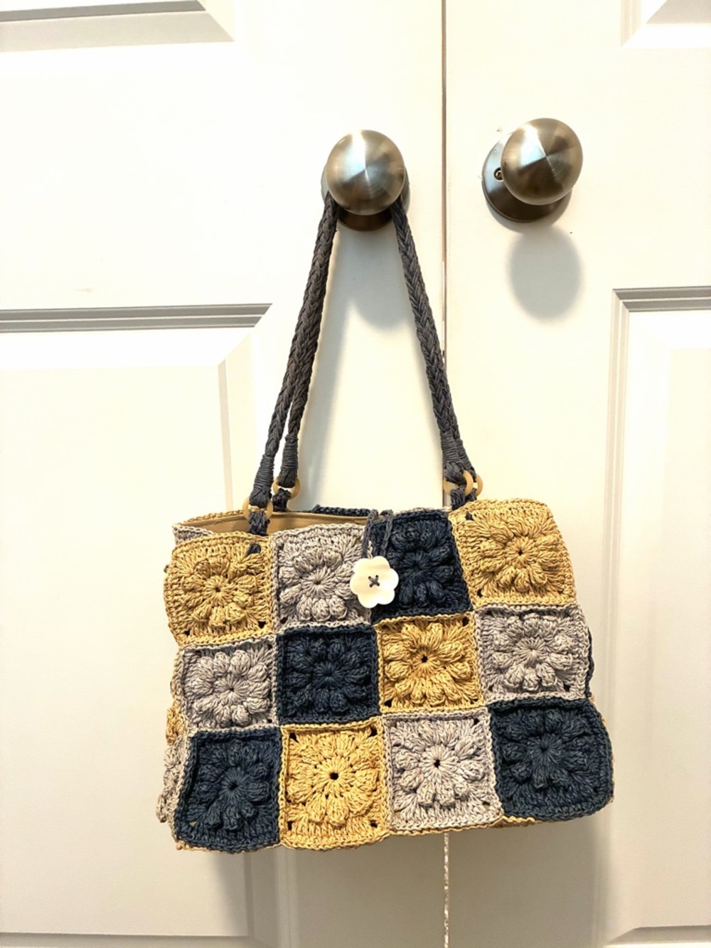 Quilt Crochet Patchwork Tote Bag - Blue, Yellow, Gray